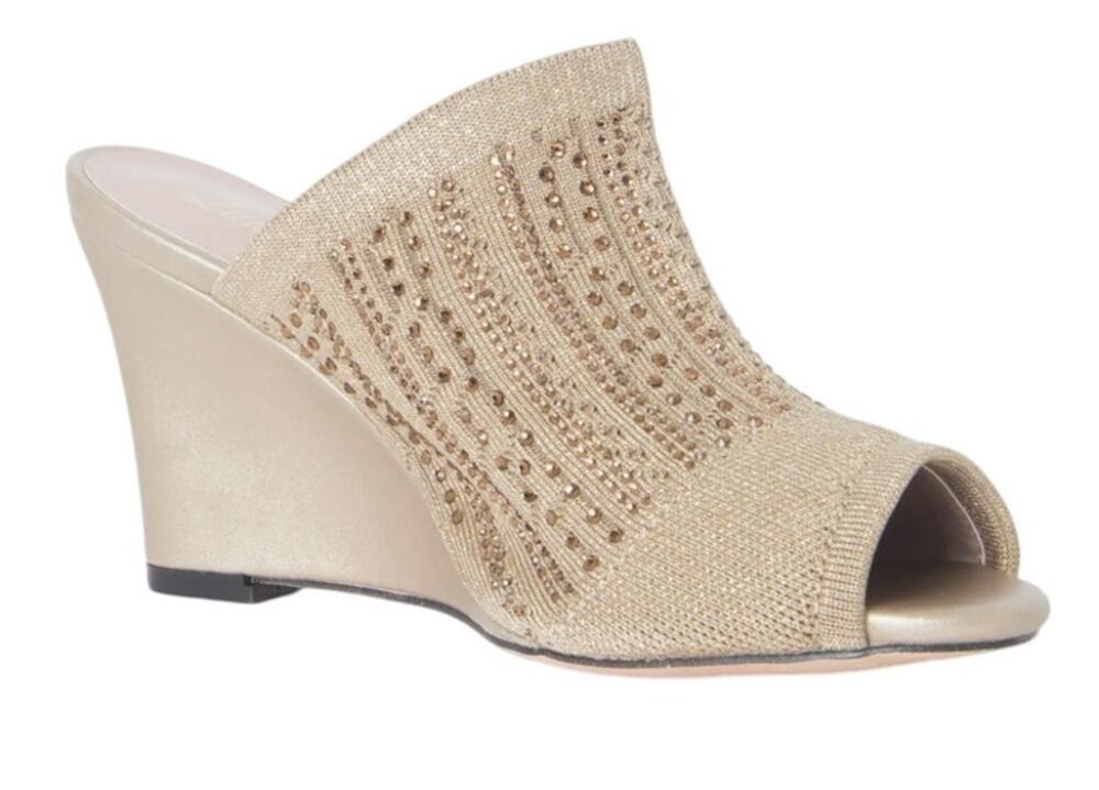 Lauren Lorraine Gold Rhinestone Embellished Peep Toe Wedge Sandals, 5.5, NWT